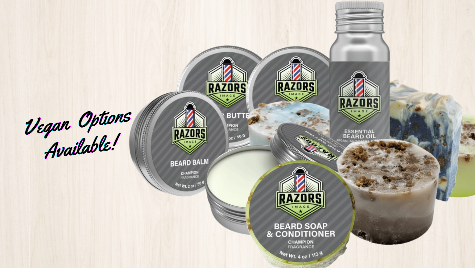 Collection of Razors Image Beard Care Products including balm, butter, oil and soap