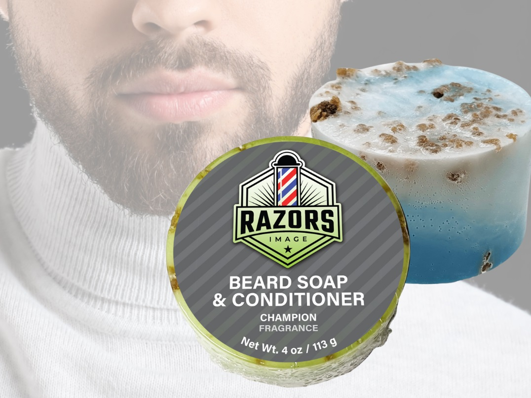 man with close beard showing beard soap and conditioner